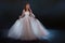 Fabulous bride in a beautiful dress among the stars. Young beautiful woman in wedding dress with wide light skirt