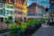 Fabulous colorful buildings with flowery street, Colmar, Alsace, France
