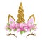 Fabulous cute unicorn with golden horn and beautiful magnolia flowers wreath isolated on white background