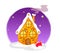 Fabulous decorated house with a sky, shining stars and a ball in the snow on a white background