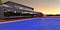 A fabulous evening on the roof terrace with a swimming pool. Picturesque sunset in the background. 3d rendering