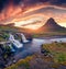 Fabulous evening view of popular tourast destination - Kirkjufellsfoss Waterfall.