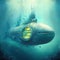 A fabulous fantasy submarine in the form of a huge whale with a large porthole sails. Concept art. AI generated