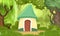 Fabulous funny house in clearing. Forest meadow landscape. Garden. Willow. Dwelling of gnome. Beautiful cartoon