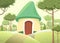 Fabulous funny house in clearing. Forest meadow landscape. Hills and road. Dwelling of gnome. Beautiful cartoon