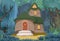 Fabulous funny house in clearing. Night. Forest meadow landscape. Dwelling of gnome. Beautiful cartoon illustration