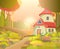 Fabulous funny house in clearing. Red roof. Grass meadow. Beautiful cartoon forest landscape illustration. Road. Wooden