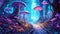 Fabulous neon forest with a beautiful path and big mushrooms, fantasy, children\\\'s dreams