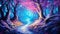 Fabulous neon forest with a beautiful path and big mushrooms, fantasy, children\\\'s dreams