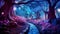 Fabulous neon forest with a beautiful path and big mushrooms, fantasy, children\\\'s dreams