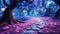 Fabulous neon forest with a beautiful path and big mushrooms, fantasy, children\\\'s dreams