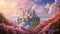 A fabulous pink castle with a path of lush flowers and cotton candy clouds