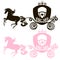 Fabulous Royal pink Princess carriage horse-drawn vector vintage girl stroller, logo, black and the silhouette icon on