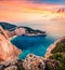 Fabulous spring scene on the Shipwreck Beach. Colorful sunset on the Ionian Sea, Zakinthos island, Greece, Europe. Beauty of