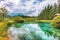 Fabulous summer view on Zelenci lake with beautiful reflections in water