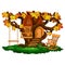 Fabulous tree house, swing and rocking chair, autumn season.