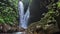 Fabulous wild nature in tropical rainforest. Green vegetation on brown rocks against water streams falling down on river