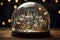 Fabulous winter city at Christmas. Table decoration Christmas crystal ball. Houses in the snow in a glass ball on a black