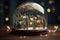 Fabulous winter city at Christmas. Table decoration Christmas crystal ball. Houses in the snow in a glass ball on a black