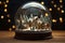 Fabulous winter city at Christmas. Table decoration Christmas crystal ball. Houses in the snow in a glass ball on a black