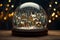 Fabulous winter city at Christmas. Table decoration Christmas crystal ball. Houses in the snow in a glass ball on a black