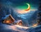 A fabulous winter landscape with a bright moon. A house with lights in the windows