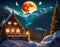 A fabulous winter landscape with a bright moon. A house with lights in the windows