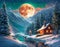 A fabulous winter landscape with a bright moon. A house with lights in the windows