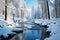 Fabulous winter landscape, a serene frozen river surrounded by coniferous forest