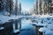 Fabulous winter landscape, a serene frozen river surrounded by coniferous forest