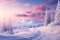 fabulous winter landscape, snowy forest, fir trees, mountains, pink clouds, dawn
