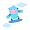 Fabulous Yeti on a snowboard. Cute monster