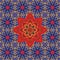 Fabulously beautiful ornament with a large red flower - a mandala against a background of beautiful blue flowers.