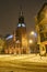 Facade and belfry of a neo-Gothic church during the winter