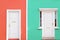 Facade colored in coral and mint colors with two white doors.