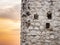 Facade of Drachenfels castle ruins with sunset