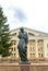 Facade of the Drama Theater in Poltava and the bronze statue of Marusya Churai, the heroine of the Ukrainian folk song