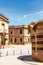 Facade of factory worker houses in Colonia Guell, Barcelona, Catalonia, Spain