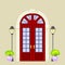 Facade of Front Double Door with Decorative Bushes in Cachepot and Light Vector Illustration