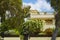 Facade of house with terrace covered with flowering bush