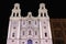 Facade of Huelva Cathedral illuminated at night in Andalusia, Spain