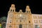 Facade of Huelva Cathedral at night in Andalusia, Spain