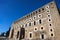 Facade of majestic and well preserved Roman theatre in ancient city Aspendos, Turkey under blue spring sky