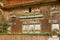 Facade of an old traditional wooden swiss chalet building in Gruyeres, Switzerland.