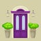 Facade of Purple Front Double Door with Decorative Bushes in Cachepot and Light Vector Illustration