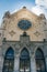 Facade of Santa Maria de Portbou, a catholic church in Franco-Spanish frontier town of Portbou, Spain