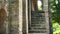 Facade with stairs and arch of an old ancient spanish church in Europe. Oviedo. Damaged stone walls. Trees with green foliage.