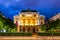 Facade of the ThÃ©Ã¢tre de Lyon at night, in the RhÃ´ne, France