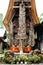 Facade of traditional torajan building tongkonan with a lot of buffalo horns. Tana Toraja, Sulawesi, Indonesia