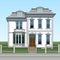 Facade two-storey house, decorated with stucco. Individuality in construction of house. Elements of classics in appearance of hous